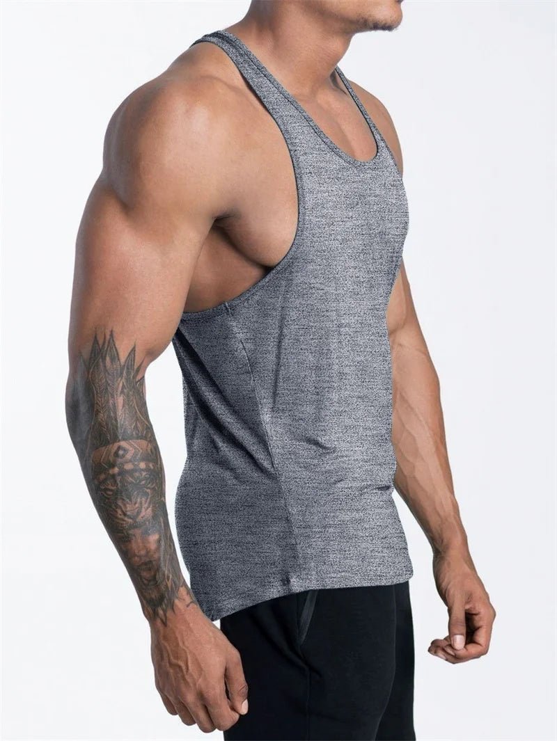 Mandotos International men's quick-dry sports tank top for gym, running, and basketball, shown in black with sleeveless design