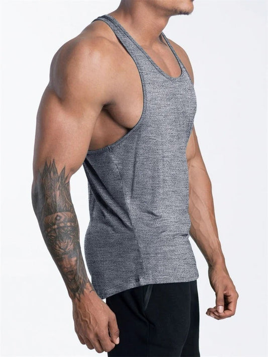 Mandotos International men's quick-dry sports tank top for gym, running, and basketball, shown in black with sleeveless design