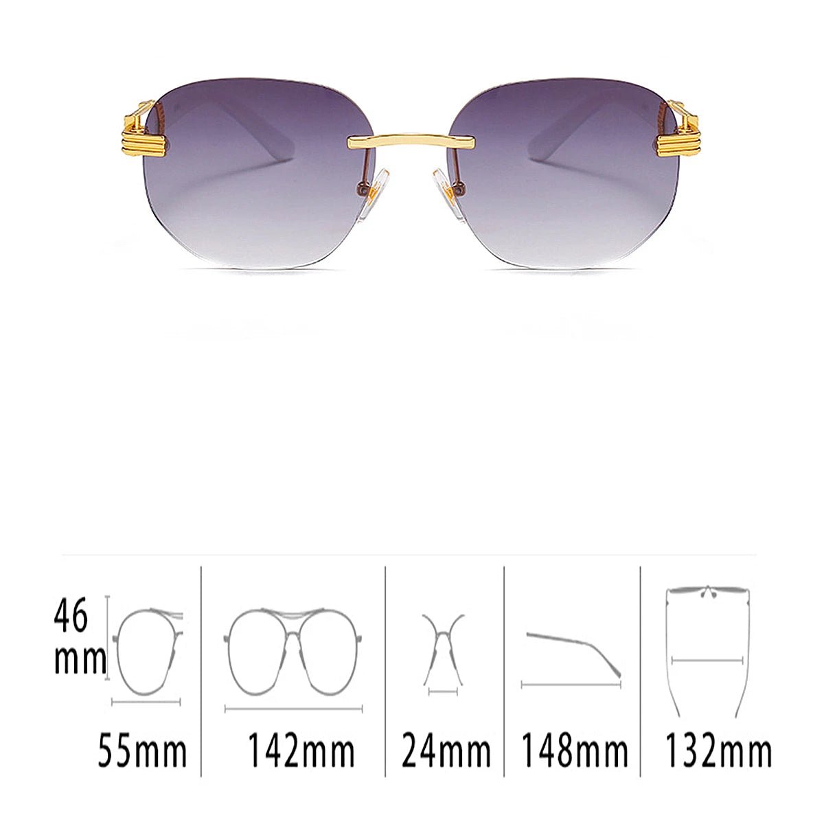 Retro square hip hop sunglasses with gold rimless frames, unisex fashion shades by MANDOTOS INTERNATIONAL.