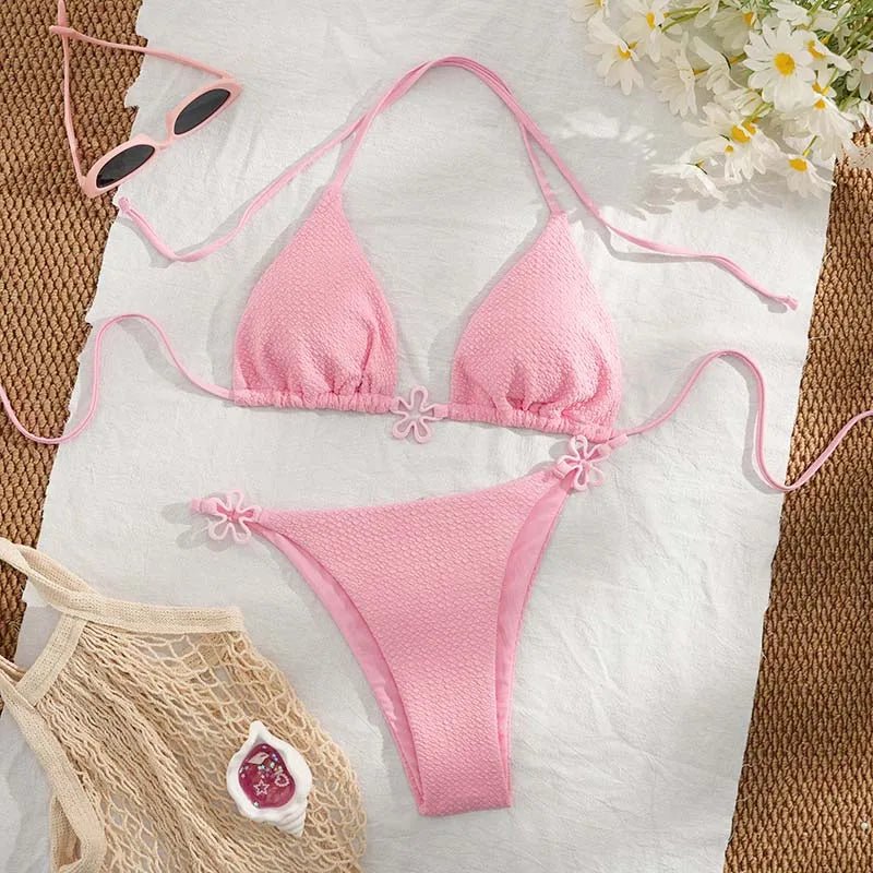 Mandotos International women's two-piece bikini with floral design, push-up style, halter neck, and belt, made from special fabric.