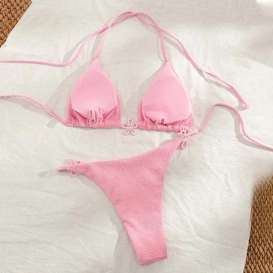 Mandotos International women's two-piece bikini with floral fabric, push-up design, halter neck, and belt, perfect for swimwear.