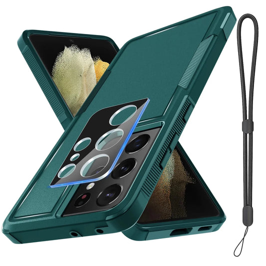 Mandotos International Samsung Galaxy S21 Ultra rugged full-body case with glass screen protector and lanyard attached.