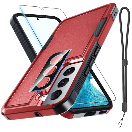 Red Samsung Galaxy S22 rugged full-body case with screen and lens protector by MANDOTOS INTERNATIONAL, showcasing durable protection.