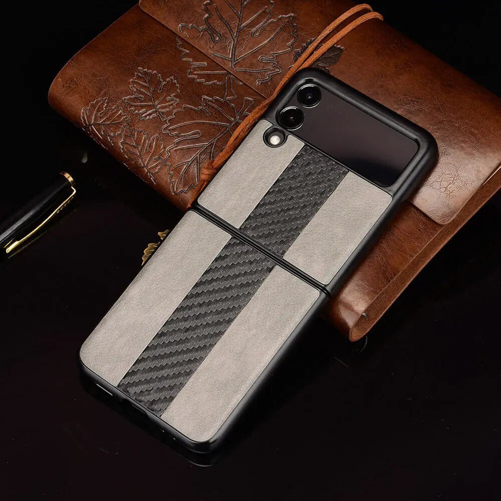 Samsung Z Flip 3 5G leather folding case by MANDOTOS INTERNATIONAL, showing the sleek black leather exterior and foldable design.