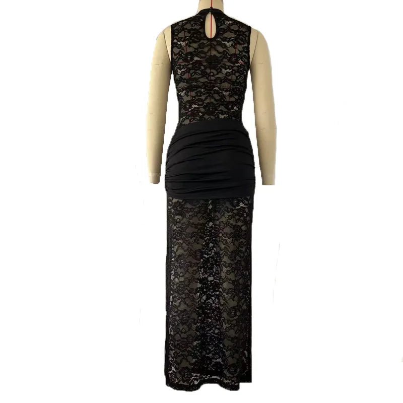 Mandotos International sexy lace long dress with sleeveless design, high slit, vintage bodycon style for evening parties and clubwear.