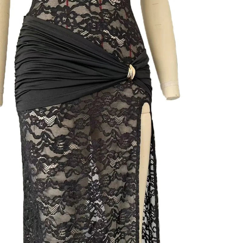 Mandotos International sexy lace long dress with sleeveless design, high slit, vintage bodycon style for evening party and clubwear.