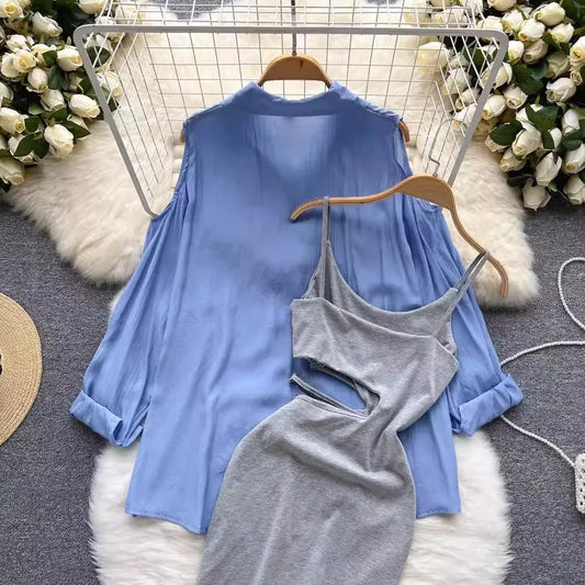 Mandotos International women's sunscreen dress set with a sexy split design, lightweight and stylish for summer wear.