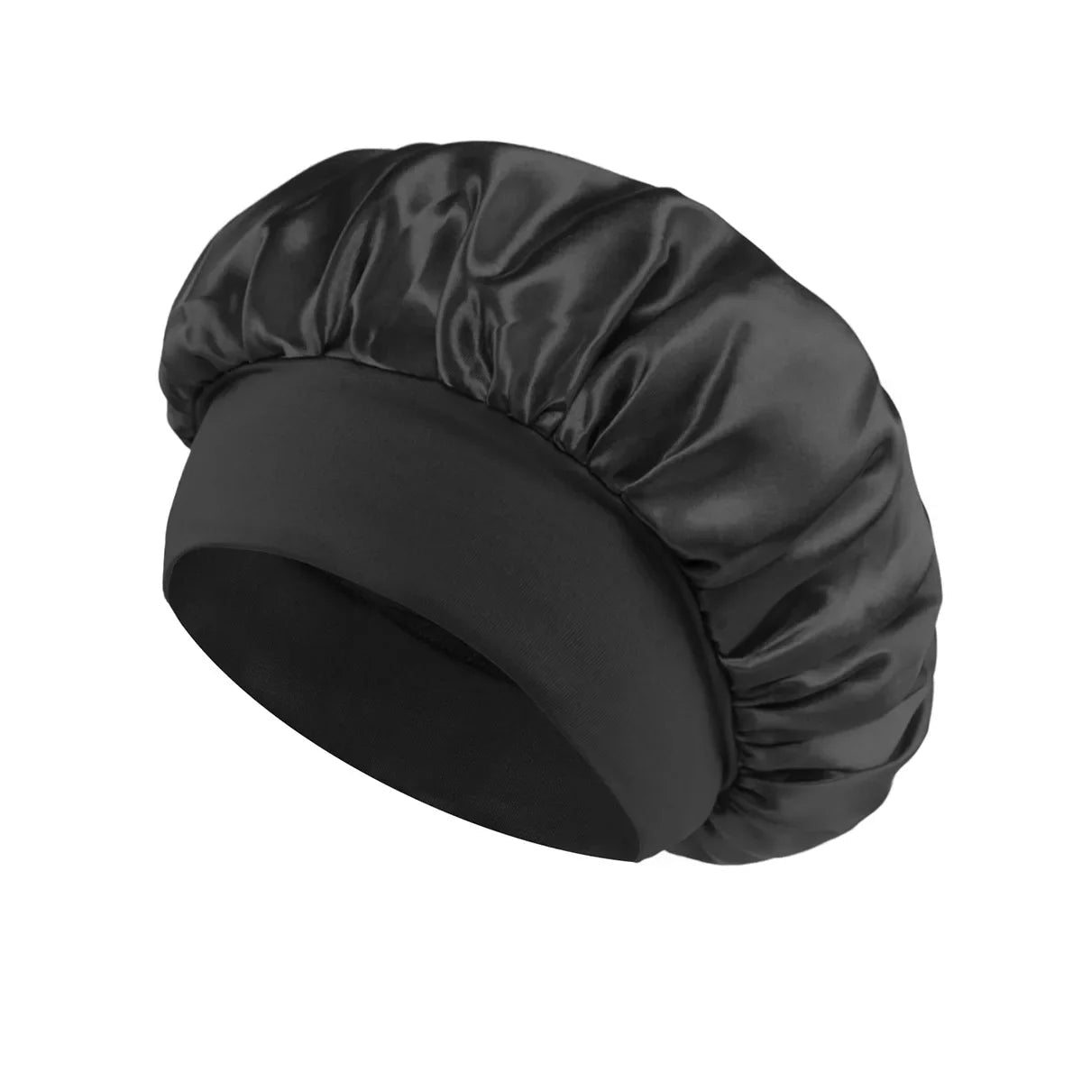Silk wide-brimmed satin sleeping bonnet for women, designed for hair care and protection during sleep, by MANDOTOS INTERNATIONAL.