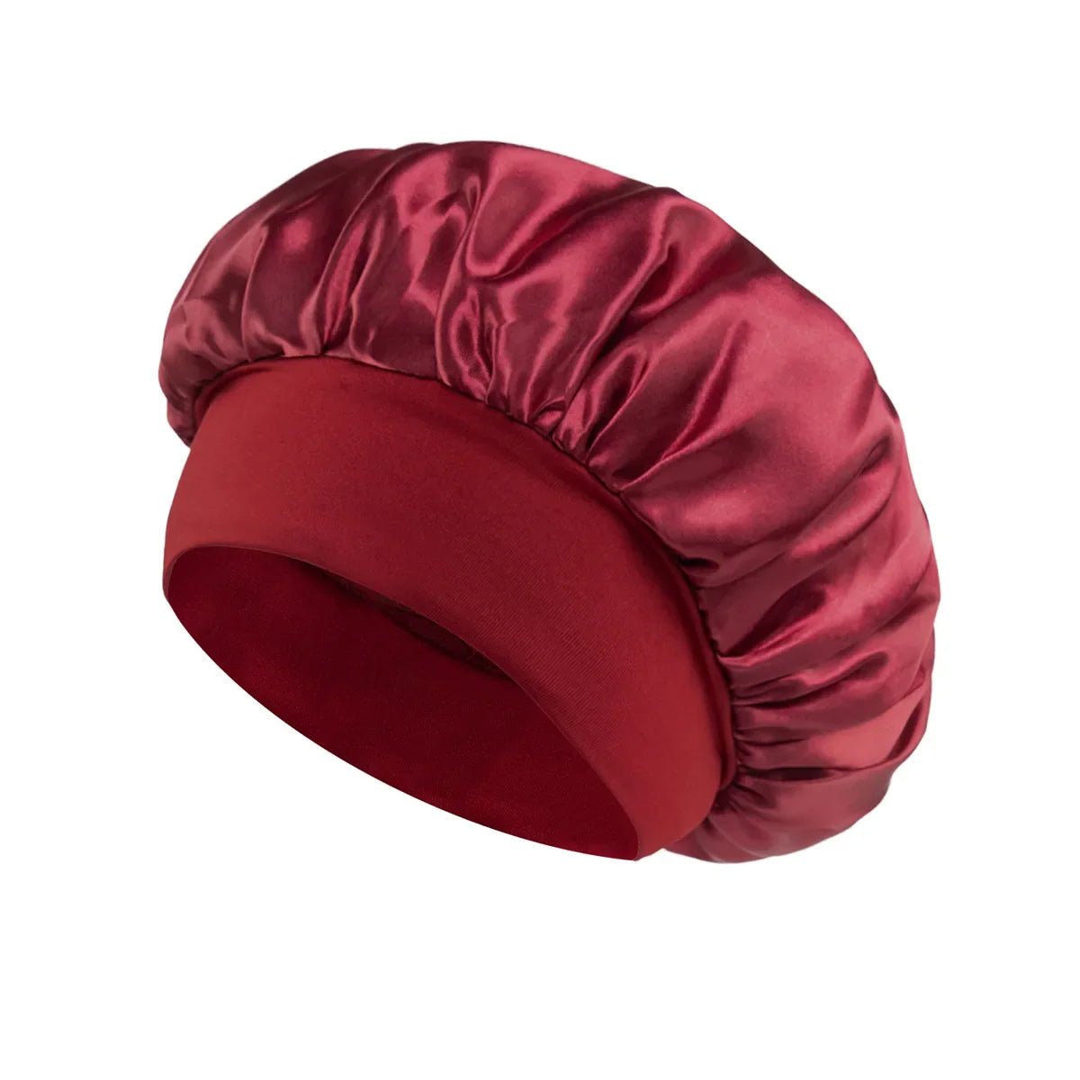 Silk wide-brimmed satin sleeping bonnet for women, designed for hair care and protection during sleep, by MANDOTOS INTERNATIONAL.