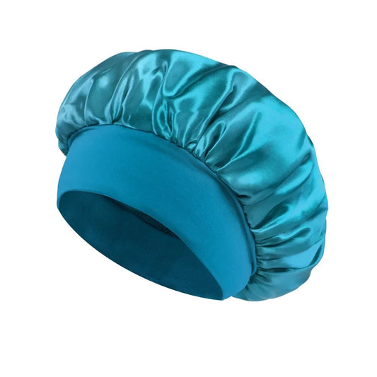 Silk wide-brimmed satin bonnet for women, designed for sleeping hair care, featuring soft fabric and secure fit.