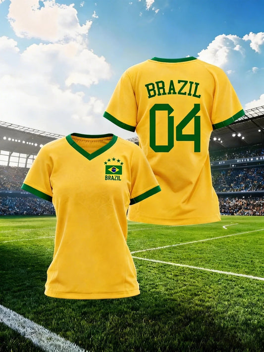 Women's Brazil National Team sports jersey T-shirt by Mandotos International with sporty graphic print, casual and athletic style.