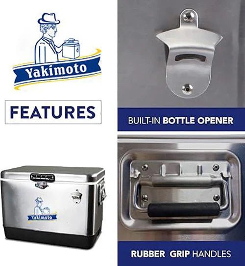 Stainless steel cooler box by MANDOTOS INTERNATIONAL, portable travel and camping ice bucket for outdoor parties and gatherings.