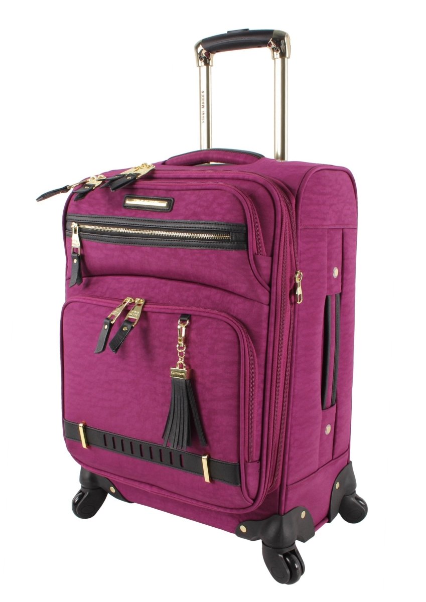 Steve Madden 28-inch softside spinner suitcase by Mandotos International, lightweight, expandable, with smooth rolling wheels.