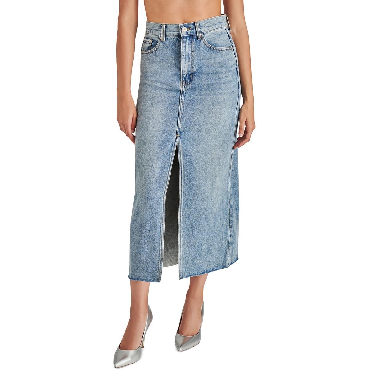 Light blue denim skirt for women by Steve Madden, styled with a fitted waist and casual design, perfect for everyday wear.