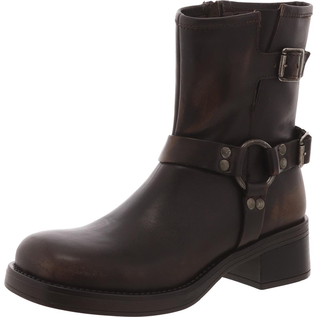 Steve Madden Brixton Moto Boot in brown, size 8, showcasing stylish ankle-height leather boots with buckle accents and rugged sole.