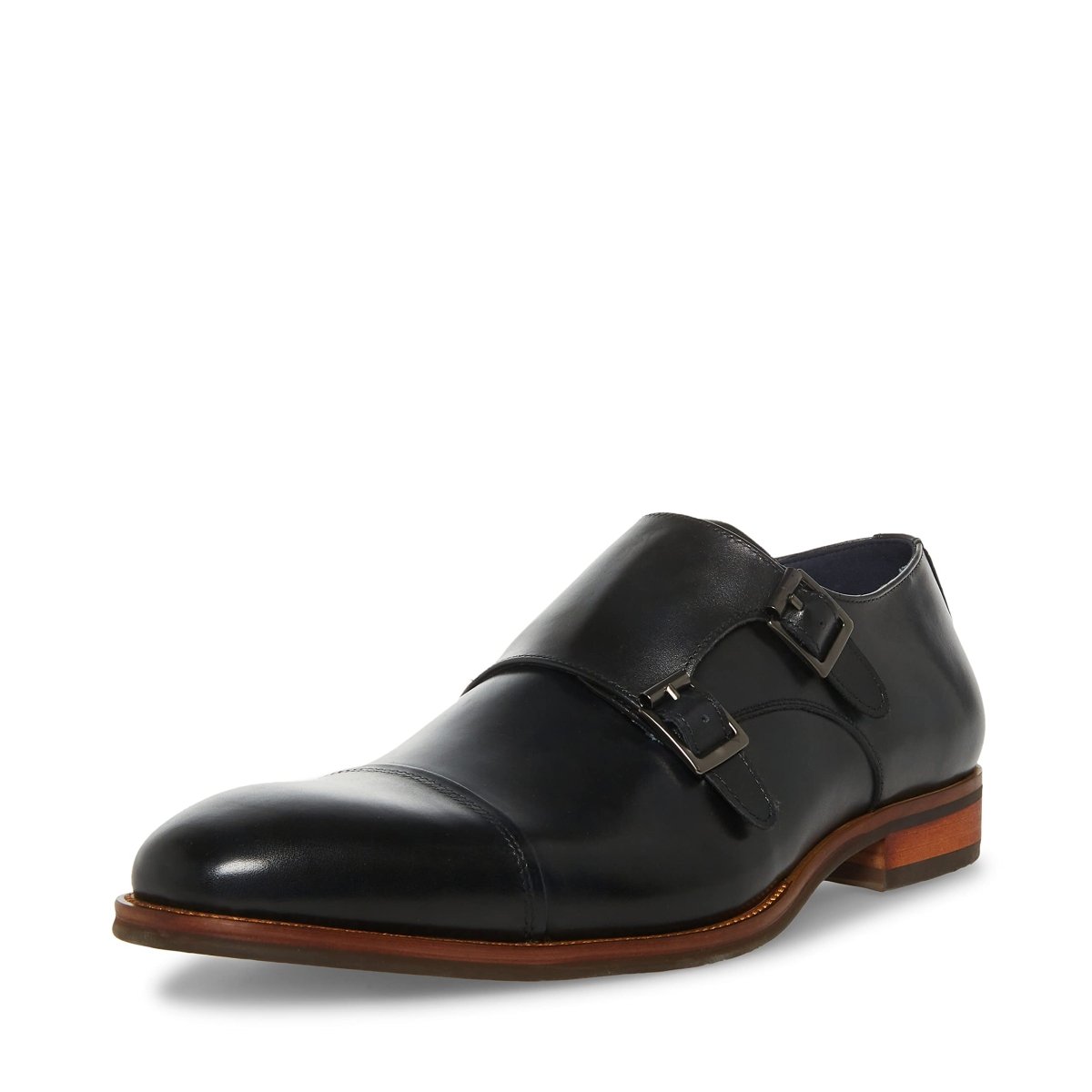 Black Steve Madden Teon monk loafer by Mandotos International, featuring sleek leather design and classic slip-on style.