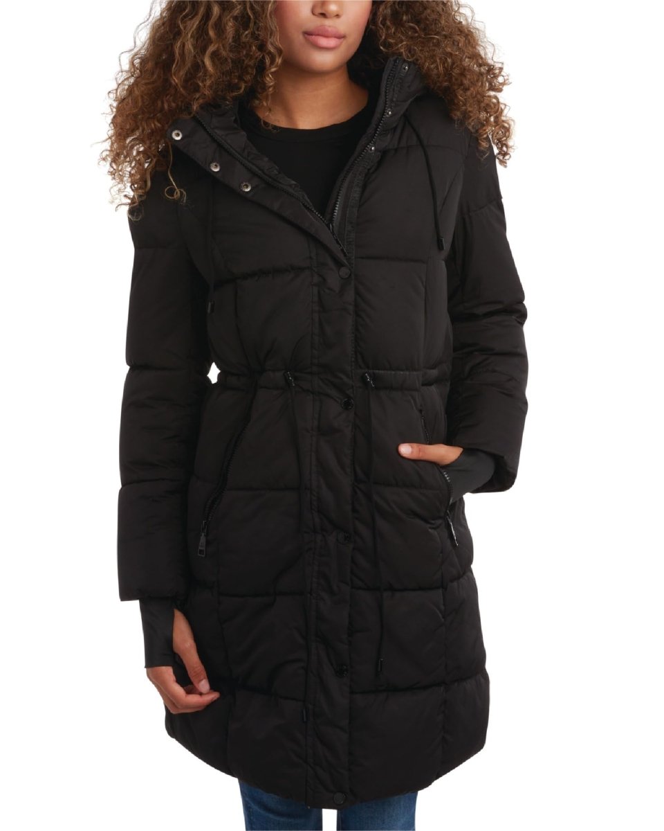 Black Steve Madden women's long puffer coat with hood, X-large size, stylish and warm winter outerwear by Mandotos International