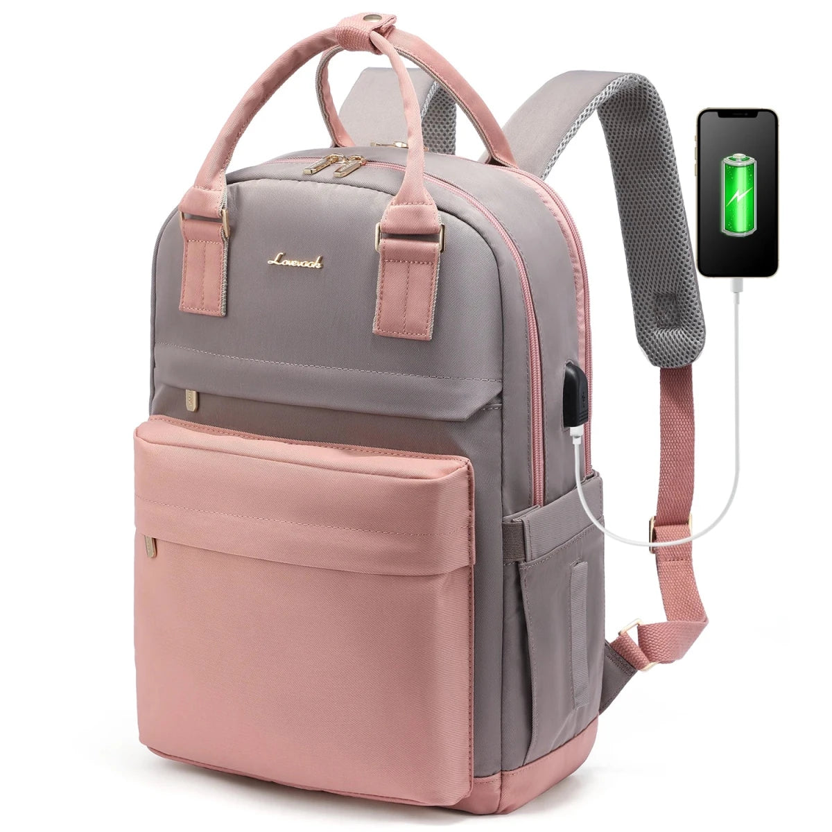Stylish girls' nylon bookbag with USB port, waterproof laptop backpack by MANDOTOS INTERNATIONAL, featuring multiple compartments.