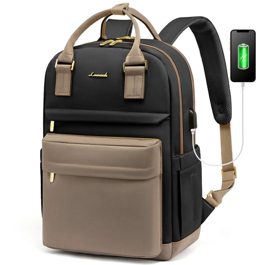 Stylish girls' nylon bookbag with USB port, waterproof laptop backpack by MANDOTOS INTERNATIONAL, featuring multiple compartments and sleek design.