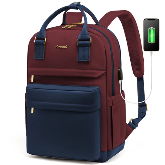 Stylish girls' nylon bookbag with USB port, waterproof laptop backpack by MANDOTOS INTERNATIONAL, featuring multiple compartments and a sleek design.