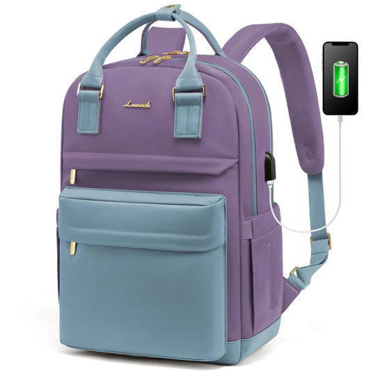 Stylish girls' nylon bookbag with USB port, waterproof laptop backpack by MANDOTOS INTERNATIONAL, featuring multiple compartments and a sleek design.