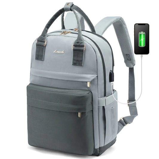 Stylish girls' nylon bookbag with USB port, waterproof laptop backpack by MANDOTOS INTERNATIONAL, featuring multiple compartments and sleek design.