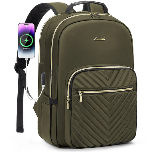 Mandotos International waterproof laptop backpack for women and girls, stylish college school bag with multiple compartments.