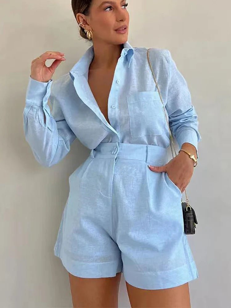 Summer women's 2-piece button short pant set with shirt tops by MANDOTOS INTERNATIONAL, styled for warm weather.
