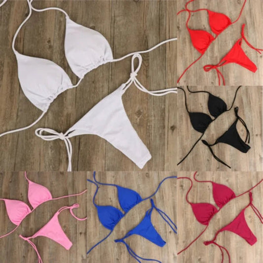 Mandotos International women's solid micro bikini set with tie-side G-string thong, bandage Brazilian swimwear, perfect for summer beach.