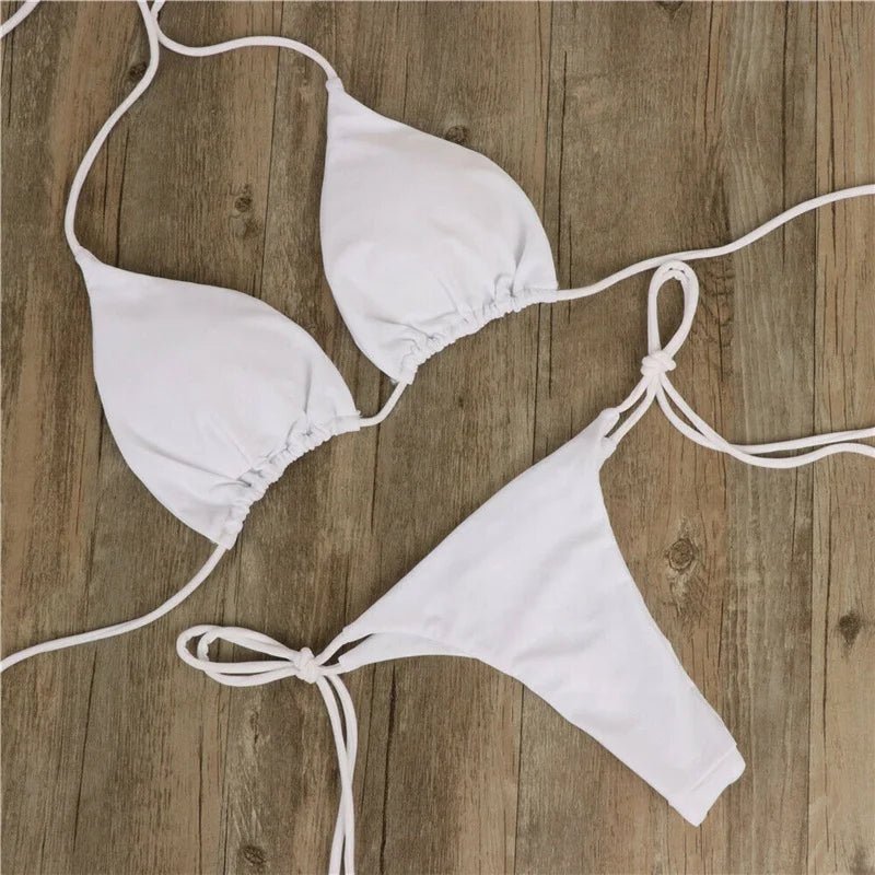 Mandotos International women's solid micro bikini set with tie side G-string thong, Brazilian swimwear, bandage style, summer swimsuit.