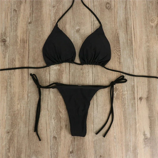Solid micro bikini set with tie-side G-string design, featuring bandage style, ideal for Brazilian swimwear and summer beachwear.