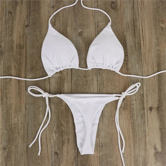 Mandotos International summer sexy solid micro bikini set for women, with tie side G-string and bandage design, Brazilian style swimwear