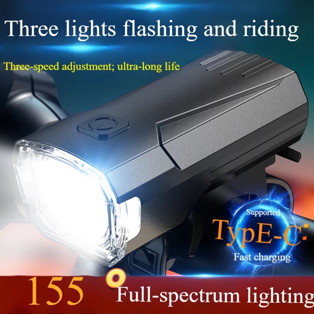Mandotos International super bright LED bicycle front light attached to a bike handlebar for night riding visibility.