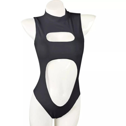 Mandotos International one-piece swimsuit with zipper neck, front cutout, and hollow-out design, perfect for stylish swimwear.