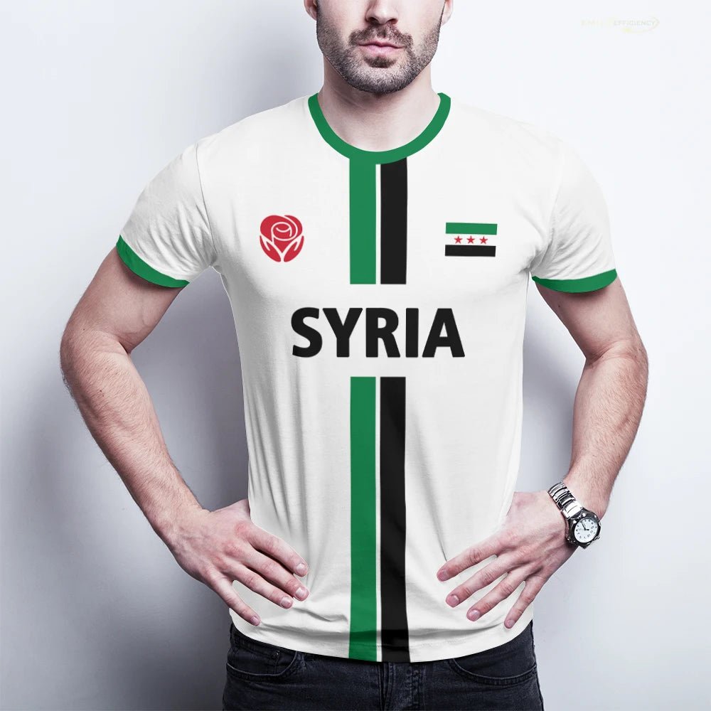 Syrian Flag Map print football T-shirt by MANDOTOS INTERNATIONAL, men's and kids' summer top with vibrant national flag design.