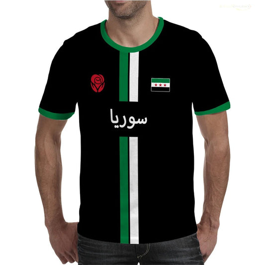 Syrian Flag map print football T-shirt by MANDOTOS INTERNATIONAL, men's and kid's summer top with vibrant flag design.