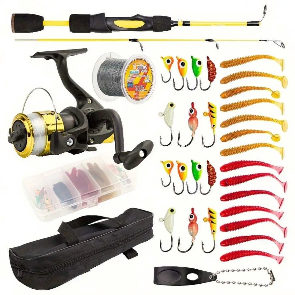 Mandotos International Topline Tackle travel fishing pole and ice fishing rod combo, compact and high quality for fishing trips.
