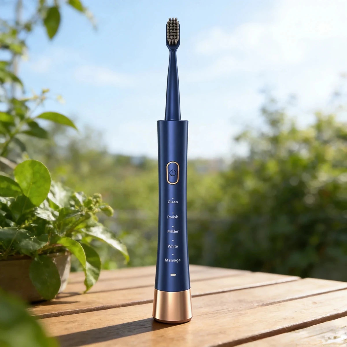 Mandotos International travel electric toothbrush set with sonic U-shaped rechargeable sanitizer for portable oral care.