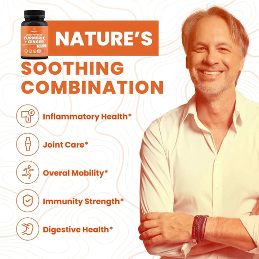 Mandotos International Turmeric & Ginger 1200mg joint support capsules, 180 softgel caps, for joint health and inflammation relief.