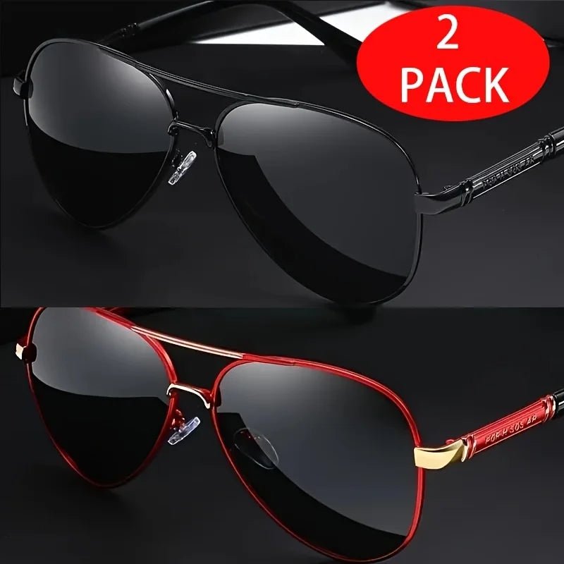 Two pairs of red sunglasses with stylish metal frames and TAC lenses, designed for elegance and sharp vision by Mandotos International.