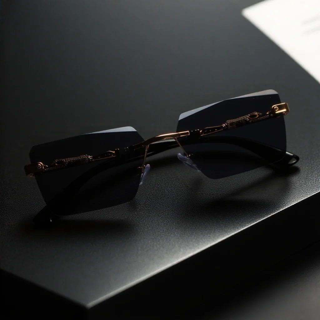 Unisex luxury frameless black and gold sunglasses with leopard print, rectangular lenses, UV400 protection, elegant design.