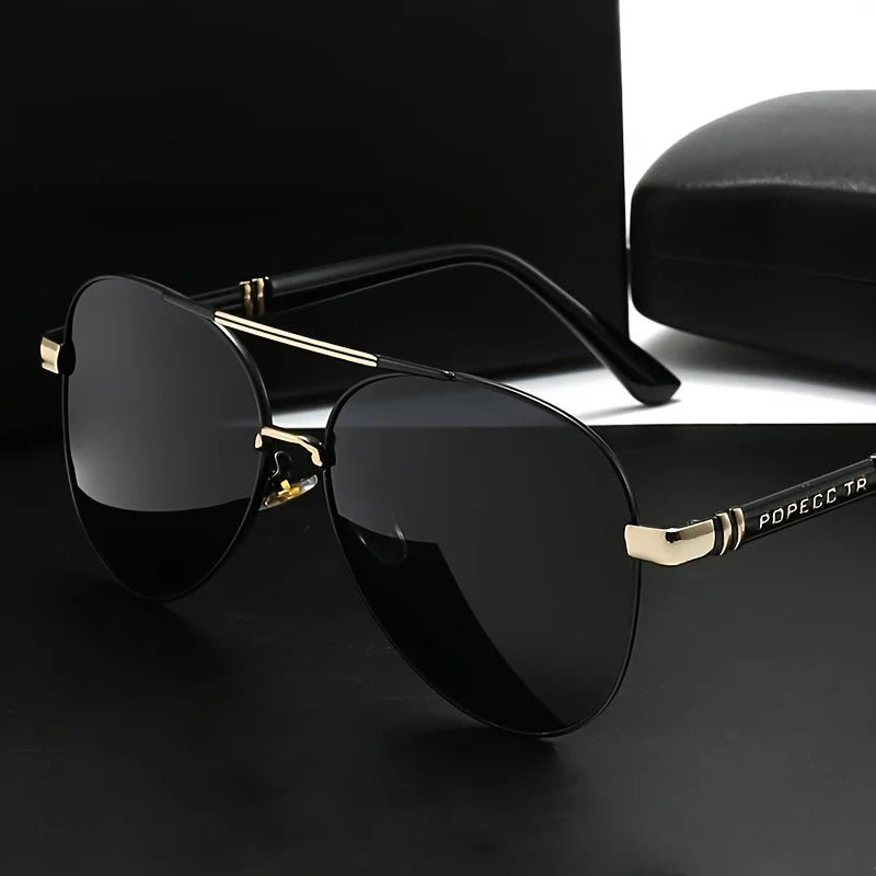 Unisex polarized stylish eyewear by Mandotos International, suitable for travel and driving, with sleek frame and tinted lenses.