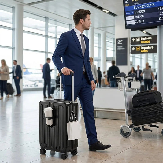 Mandotos International lightweight 20-inch hard shell trolley suitcase with front opening and built-in cup holder for travel.