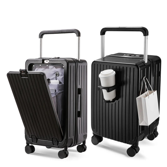 Lightweight 20-inch hard shell trolley suitcase by MANDOTOS INTERNATIONAL with front opening and built-in cup holder.