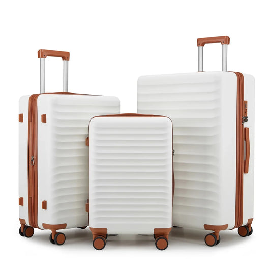 Mandotos International 3-piece lightweight hard shell travel luggage set with 20, 24, and 28-inch suitcases for easy travel.