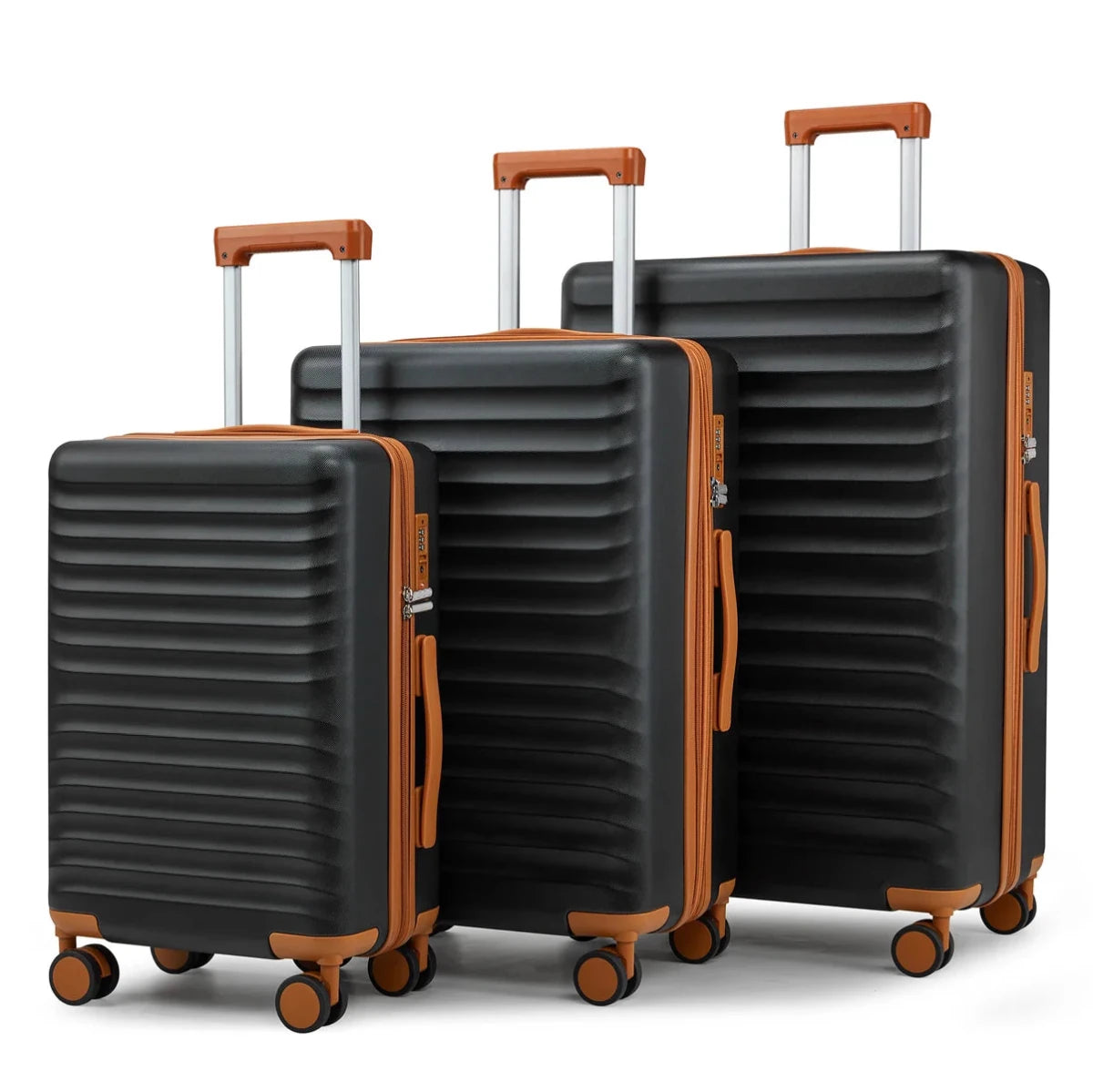 Luxury MANDOTOS International 3-piece waterproof PC+ABS trolley luggage set with hard shells and silent wheels for travel.