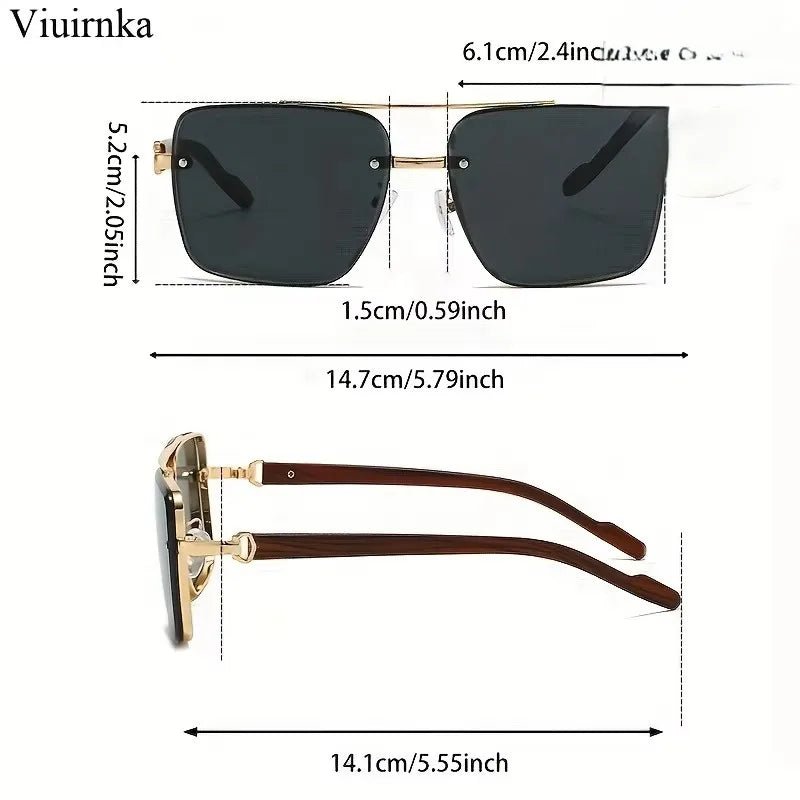 Mandotos International UV400 unisex square sunglasses with double bridge, wood grain frame, comes with case for daily wear and travel.