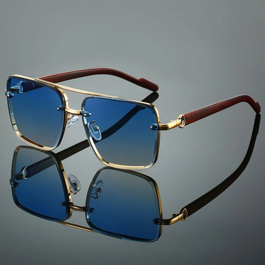 Mandotos International UV400 unisex square sunglasses with double bridge, wood grain frame and protective case for daily wear and travel.