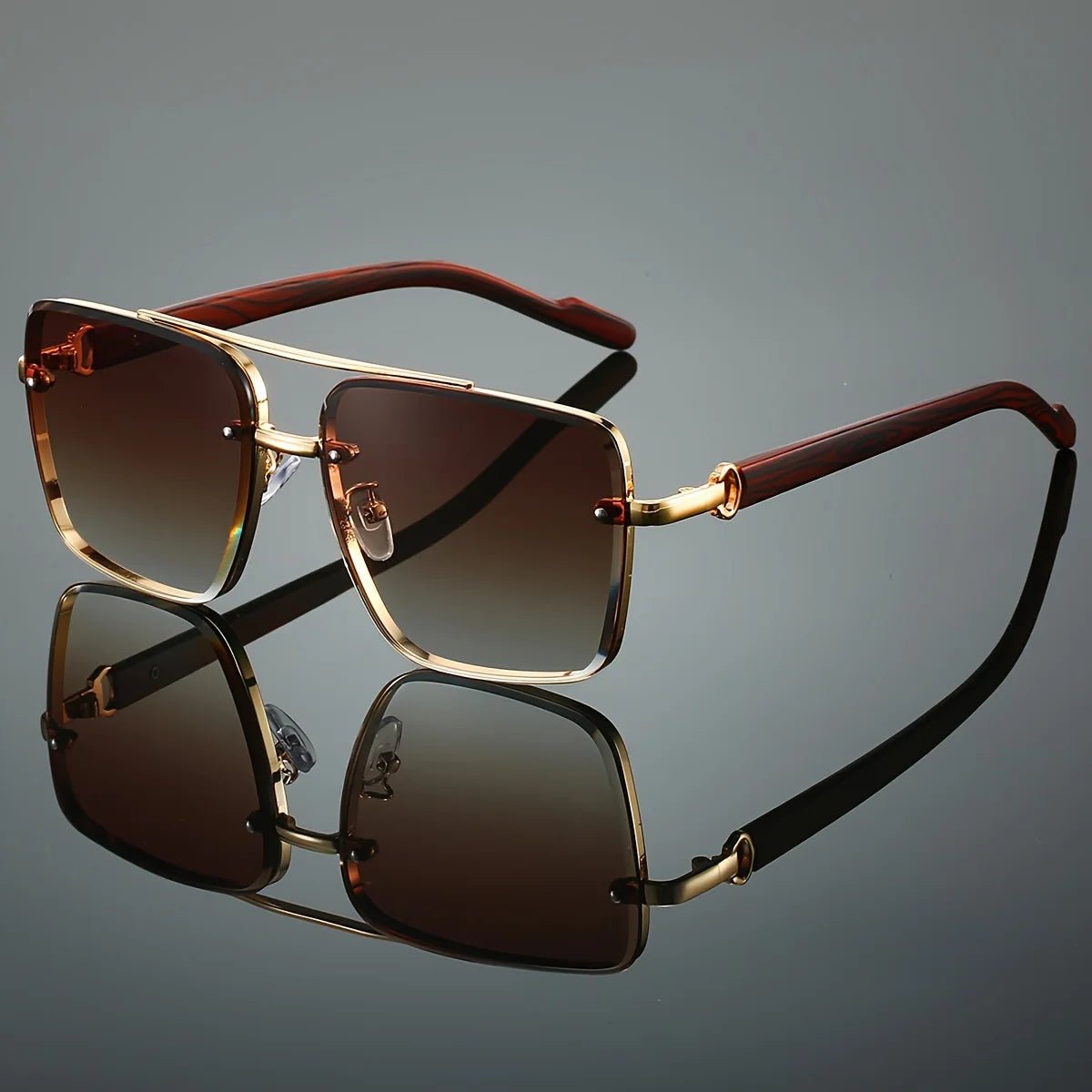 Mandotos International UV400 unisex square sunglasses with double bridge, retro wood grain design and included case for daily wear.