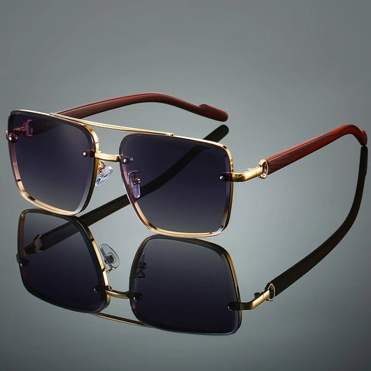 Mandotos International UV400 unisex square sunglasses with double bridge, wood grain frame and protective case for daily wear and travel.
